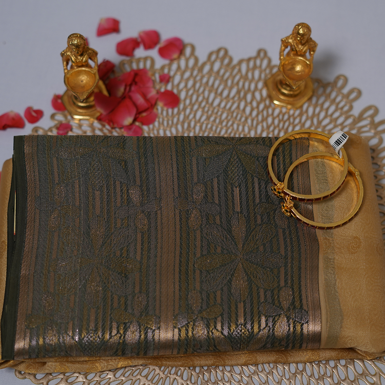 Kanchipuram Pure silk saree with modern border-Beidge self design & green flowral border