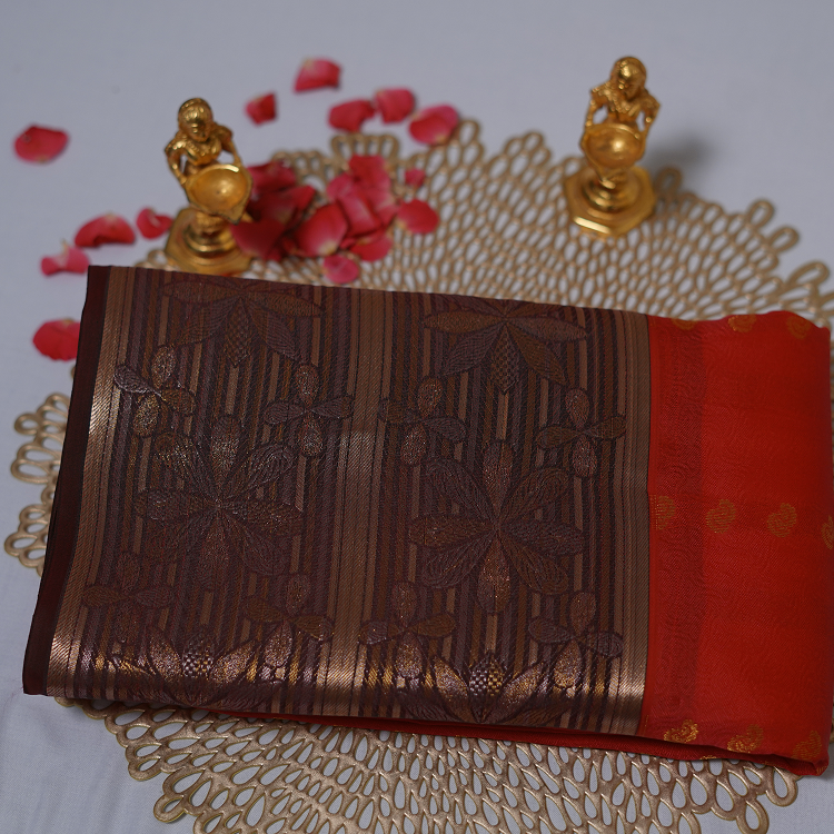 Kanchipuram pure silk saree with modern flowral design border-Thick Red