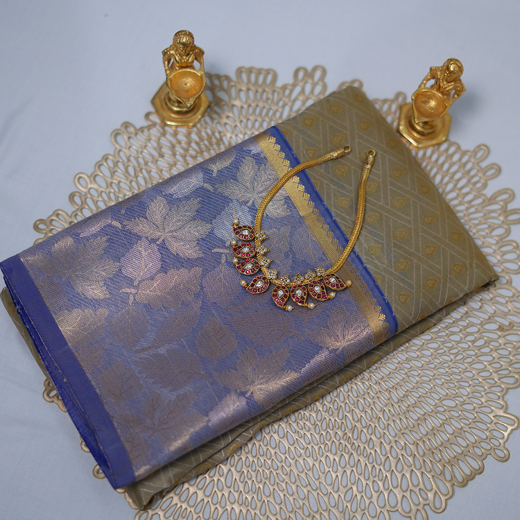 Kanchipuram silk saree-Buttis and leaf weaving design in border-Dark grey & ink blue