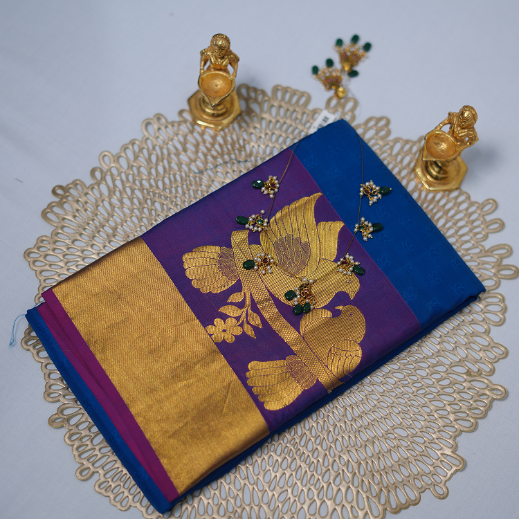 Kanchipuram silk saree-Birds weaved in border-Blue with navy blue