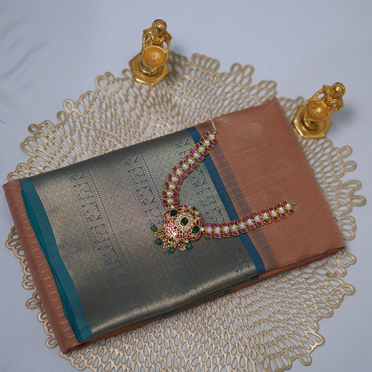 Kanchipuram silk saree-Peach and Sea green border