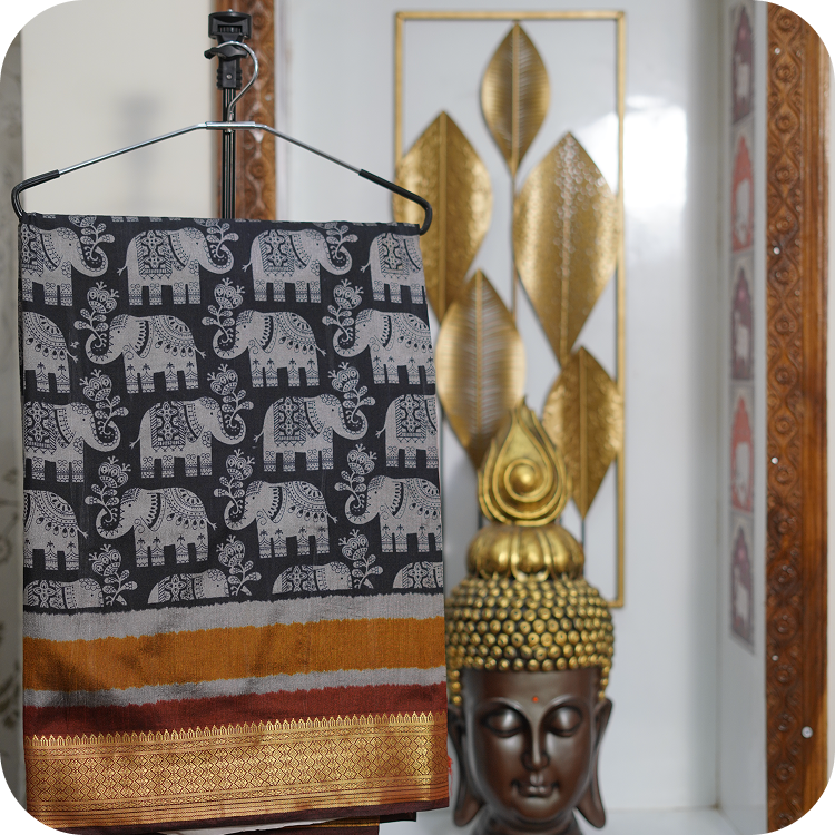 Ellora silk saree- with elephant prints- Black & maroon