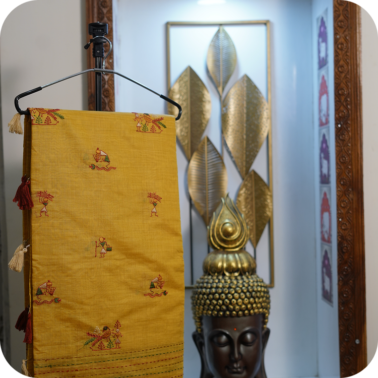 fancy cotton silk -With tribal art tread work and kantha work in border-Mustard Yellow