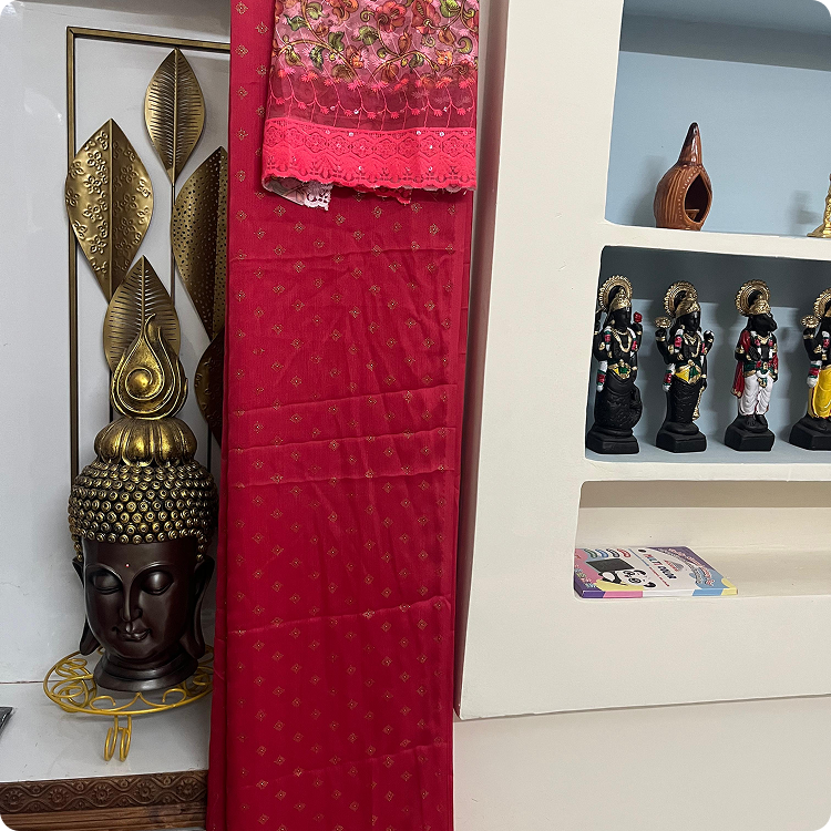 Chiffon saree-With floweral blouse-Rani pink