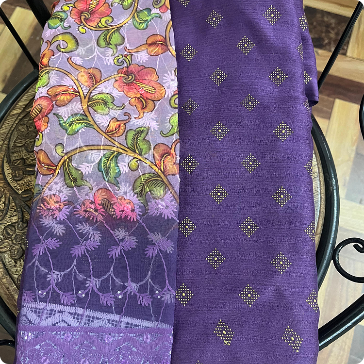 Chiffon saree- Voilet with floweral Blouse