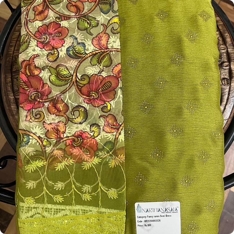 Chiffon saree-Parrat green with floweral blouse