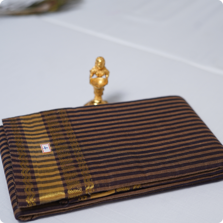 Kanchi cotton -Handwoven saree-Dark brown with vertical lines