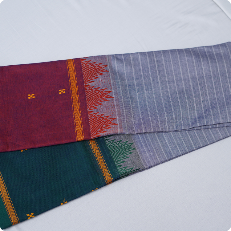 Kanchi Cotton - hand weaved saree -Light blue stripes with ganga jamuna border