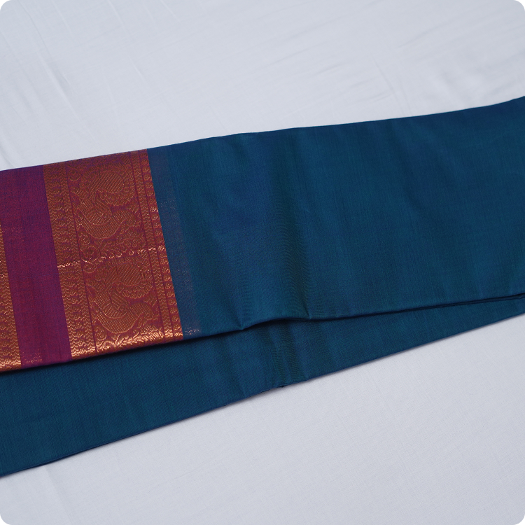 Kanchi cotton -hand woven with kanchi double border-Peacock green &" purple border