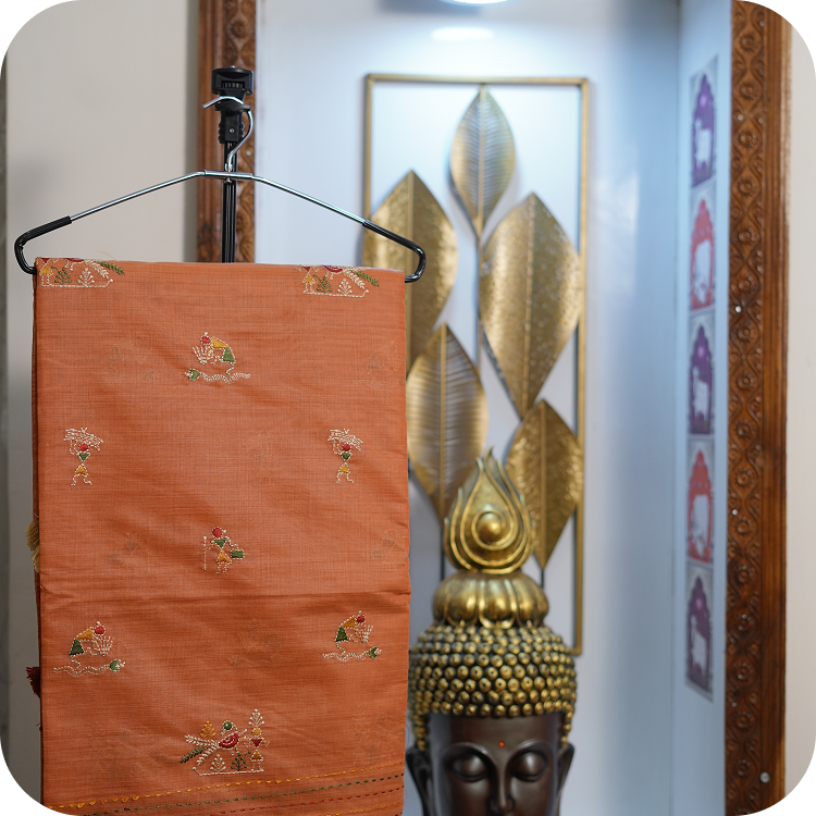 fancy cotton silk -With tribal art tread work and kantha work in border-light orange