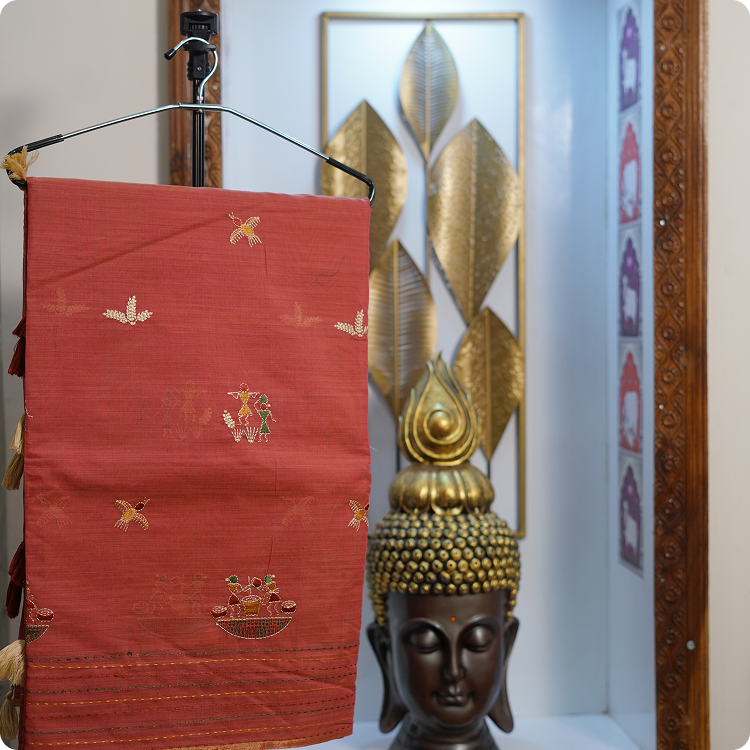 fancy cotton silk -With tribal art tread work and kantha work in border-brick red