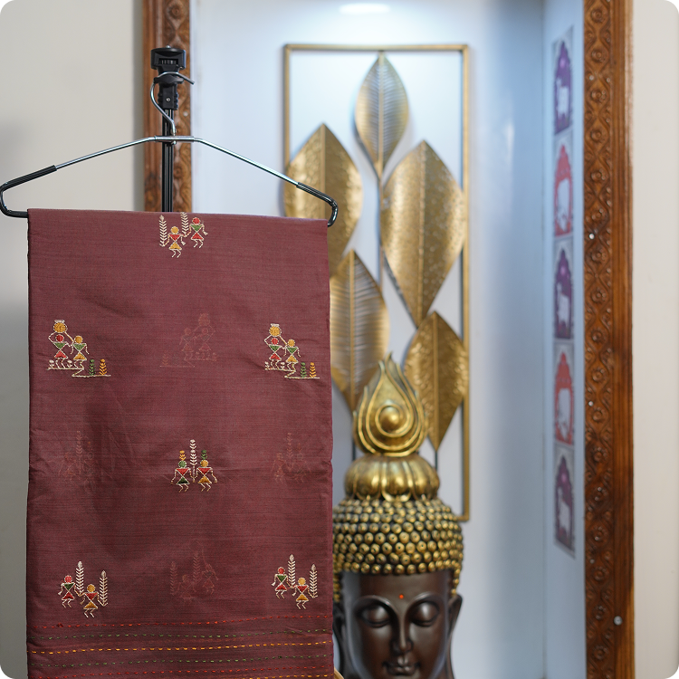 fancy cotton silk -With tribal art tread work and kantha work in border-wine colour