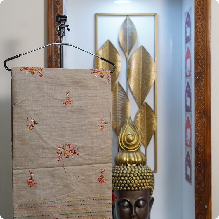 fancy cotton silk -With tribal art tread work and kantha work in border