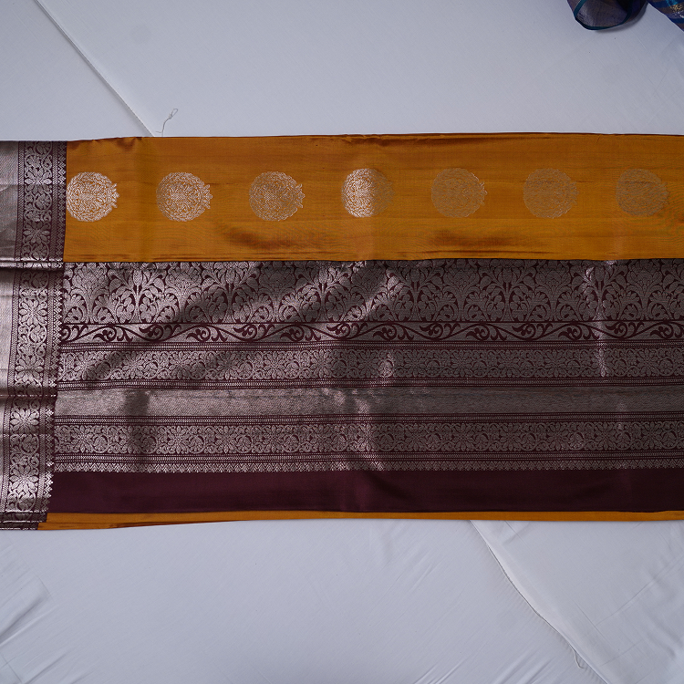 Gadwal-pure silk saree-Mustard yellow with maroon kanchi border