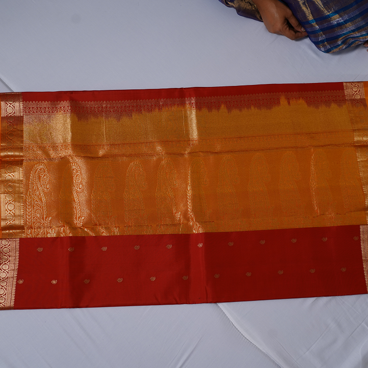 kanchipuram pure silk saree- with gap border & buttis -Red & orange
