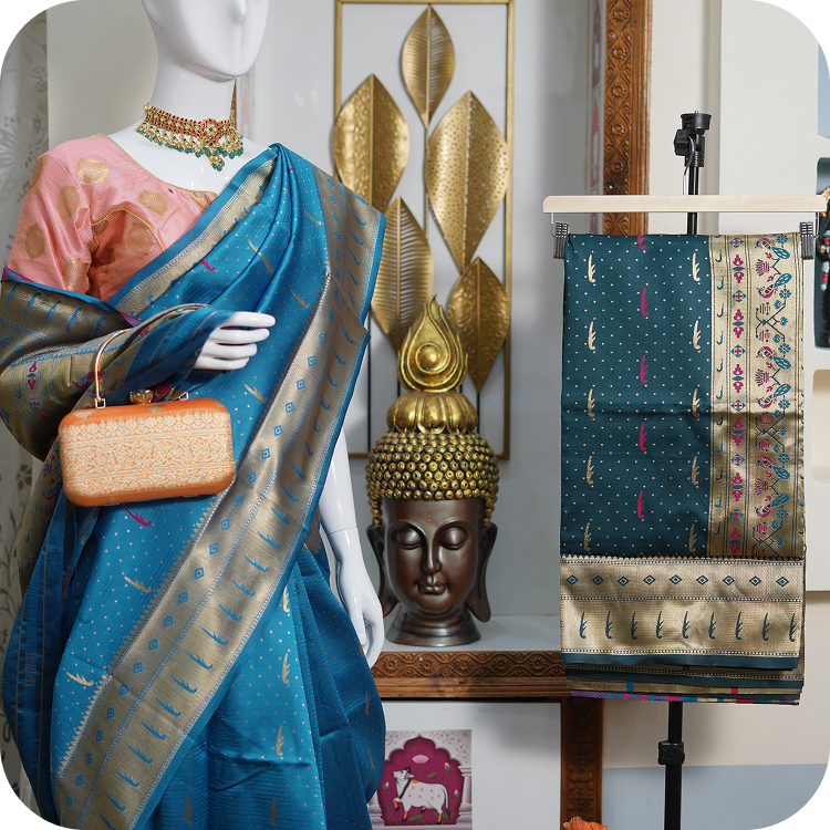 Paithani Replica saree-Blue with one buniya