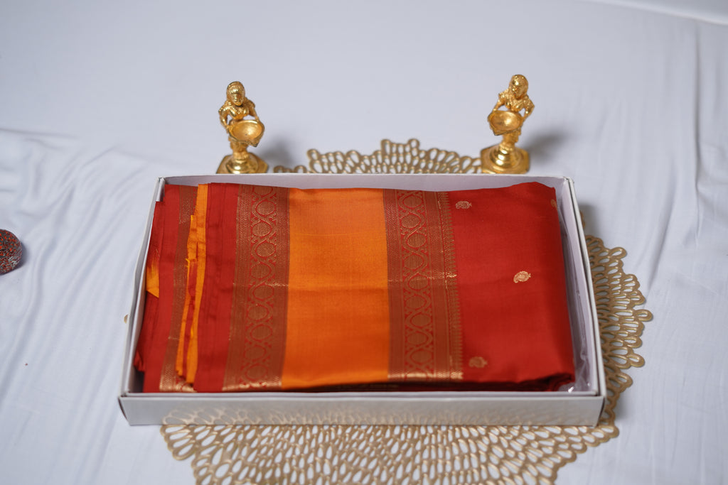 kanchipuram pure silk saree- with gap border & buttis -Red & orange