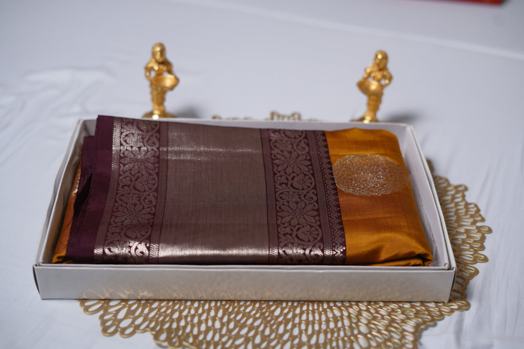 Gadwal-pure silk saree-Mustard yellow with maroon kanchi border