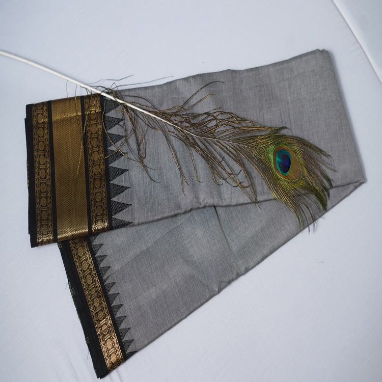 Kanchi Cotton Saree – Grey with Black Temple Border