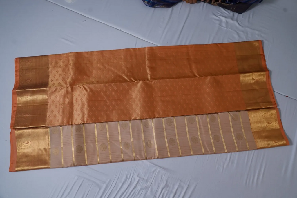 Kanchipuram Pure Silk Saree  Beige with Peach Border