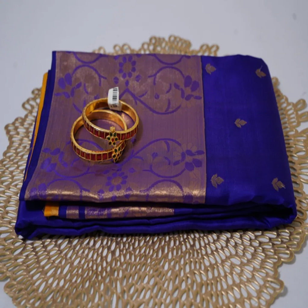 Kanchipuram Pure Silk Saree  Navy Blue & Mustard Yellow  Silk Mark Certified