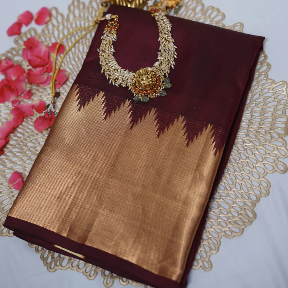 Kanchipuram Pure Silk Saree  Purple with Temple Border Silk Mark Certified