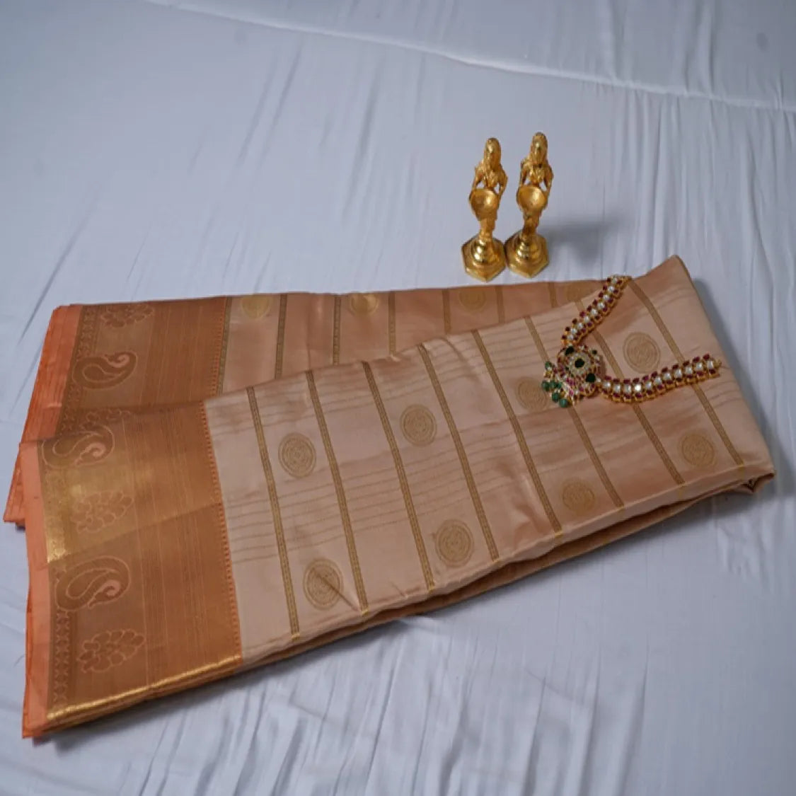 Kanchipuram Pure Silk Saree  Beige with Peach Border
