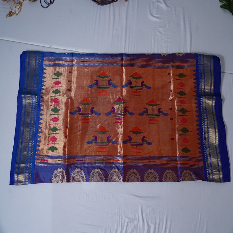 Paithani Handwoven Silk Saree – Rich Shiny Blue with Peacock Pallu and Muniya Detailing