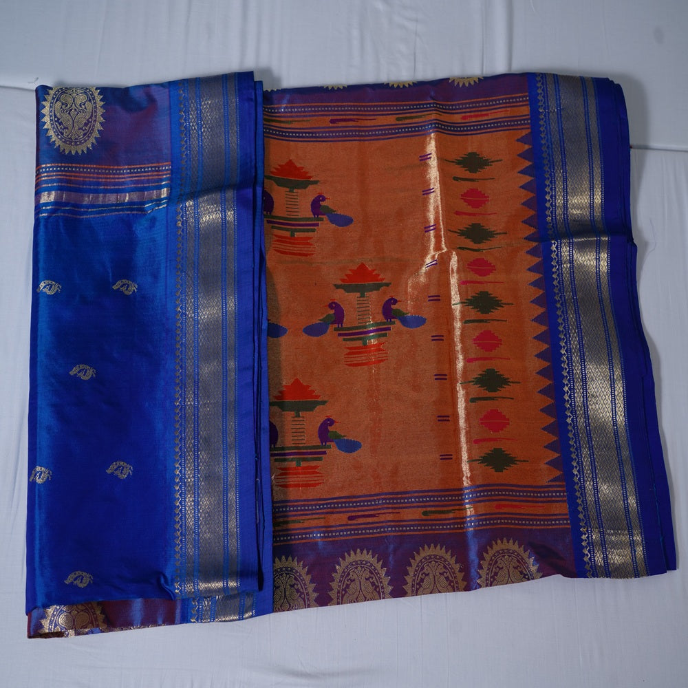 Paithani Handwoven Silk Saree – Rich Shiny Blue with Peacock Pallu and Muniya Detailing