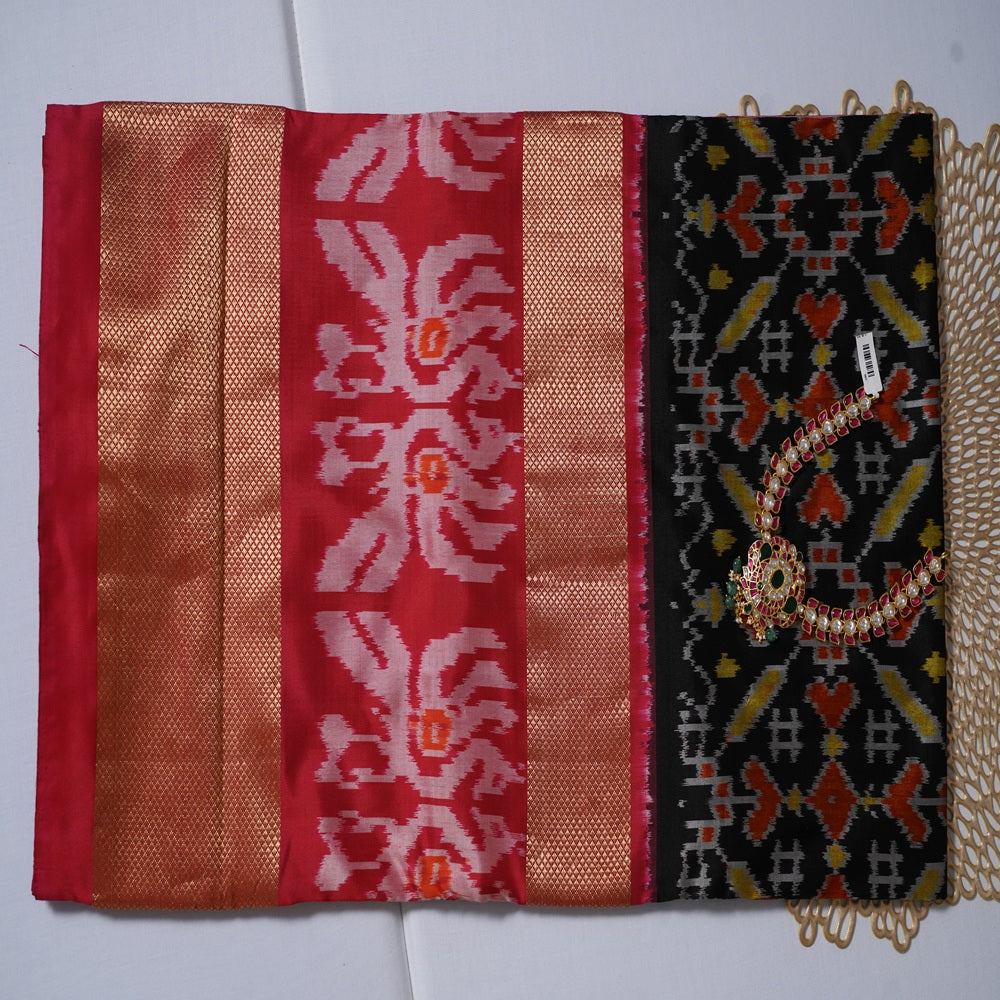 Pochampally Ikkat Silk Saree  Black & Rani Pink with Kanchi Border Potola Ikkat Design