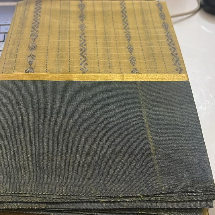 Kanchi cotton saree-Mustard yellow with kolam designs and green border