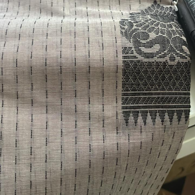 kanchi cotton-Rain drops and with box kolam design-Beige& grey border