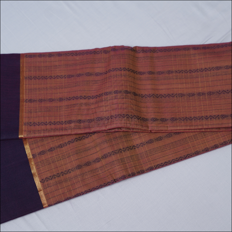 Kanchi cotton-handweaved -Dark peach with plain blue border