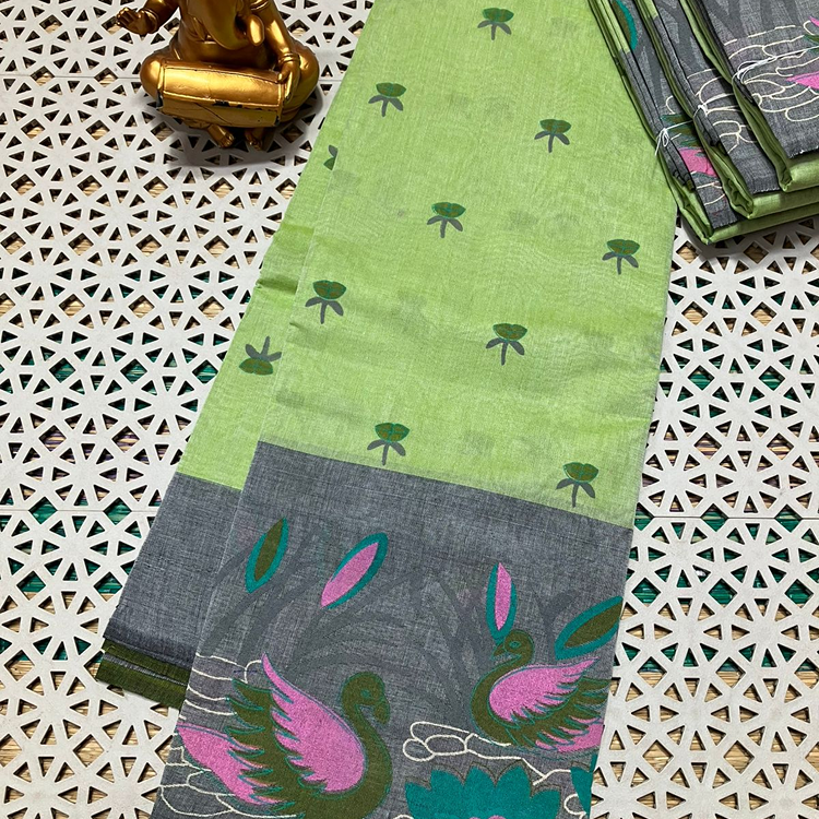 Mangalagiri cotton sarees with blouse-Pista green with gery digital printed sarees
