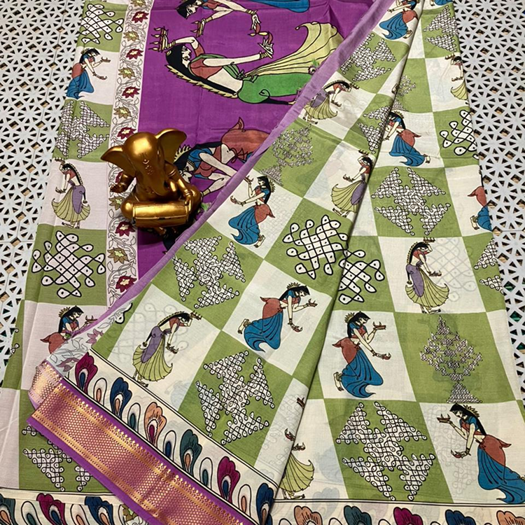 Mangalagiri Pattu-Gollabhama sarees- gollabhama & kolam printed-purple with green