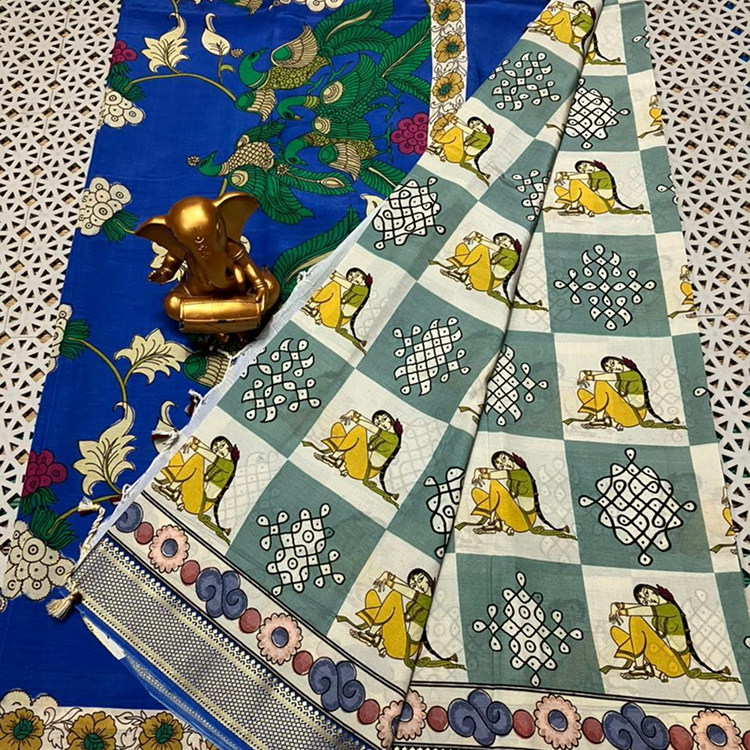 Mangalagiri pattu -gollabhama saree-kolam and gollabhama print-Blue