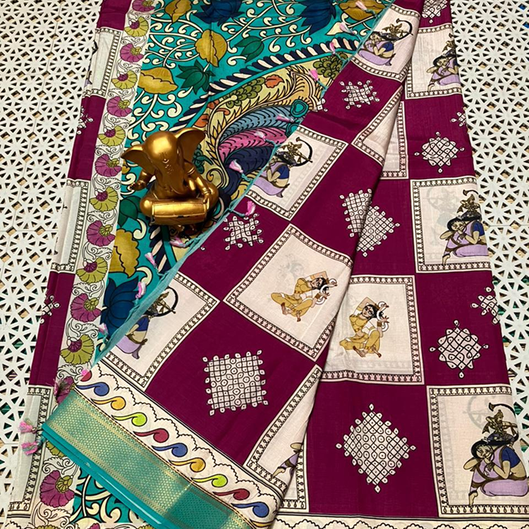 Mangalagiri pattu -gollabhama sarees -Kolam and gollabhama prints-Maroon
