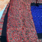 Model silk- hand bandhini with ajrak blouse and pallu-ink blue & red