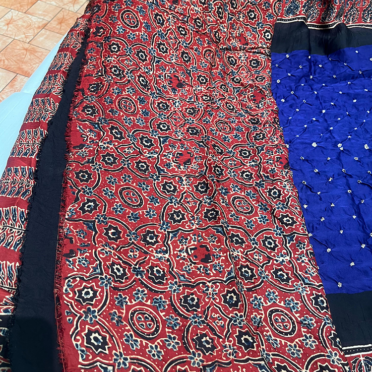 Model silk- hand bandhini with ajrak blouse and pallu-ink blue & red