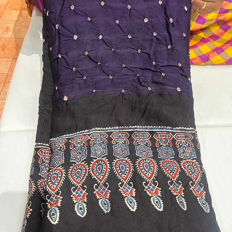 Model silk saree- handbandhini & Ajrak print blouse and pallu
