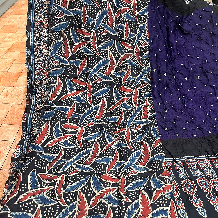 Model silk saree- handbandhini & Ajrak print blouse and pallu