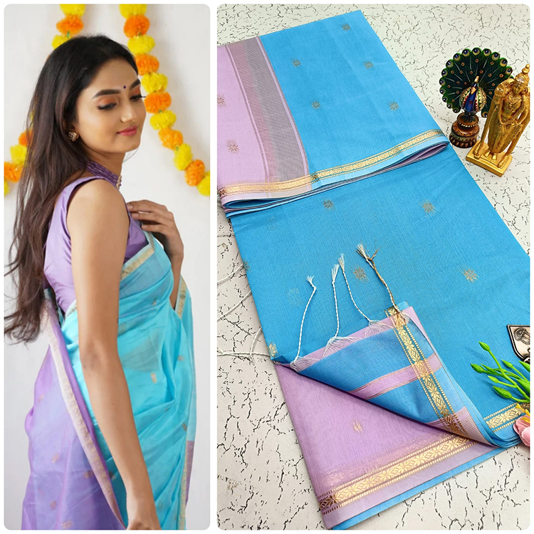 Maheshwari silk cotton sarees- with contrast pallu & blouse -Lavender & blue