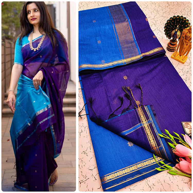 Maheshwari cotton silk with contrast pallu & blouse-Navy blue and blue