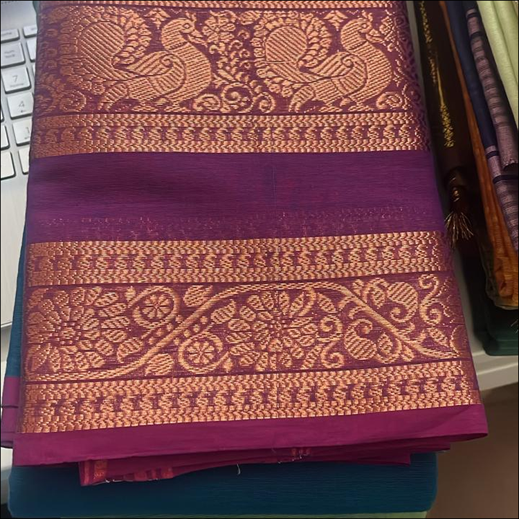 Kanchi cotton -hand woven with kanchi double border-Peacock green &" purple border