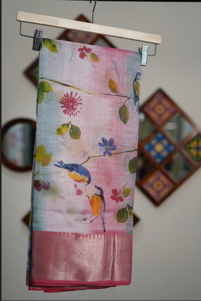 Mangalagiri Pattu Saree – Abstract Print in Sea Green & Pink Border