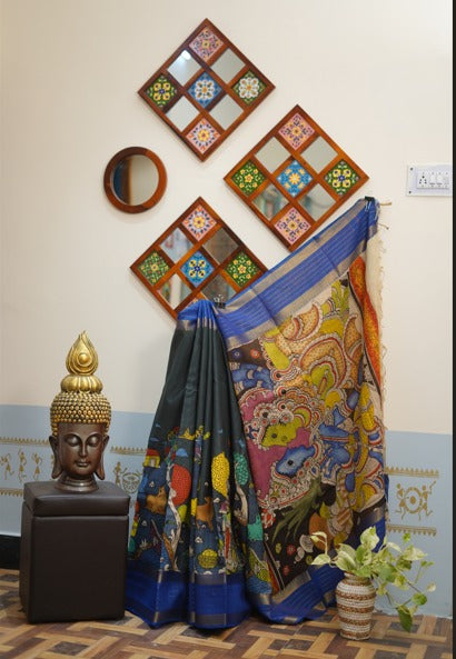 Pure Kalamkari Art Saree Mysore Silk – Beige & Blue Combination