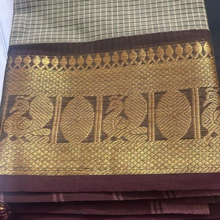 kanchi cotton saree- Pista green & brown border