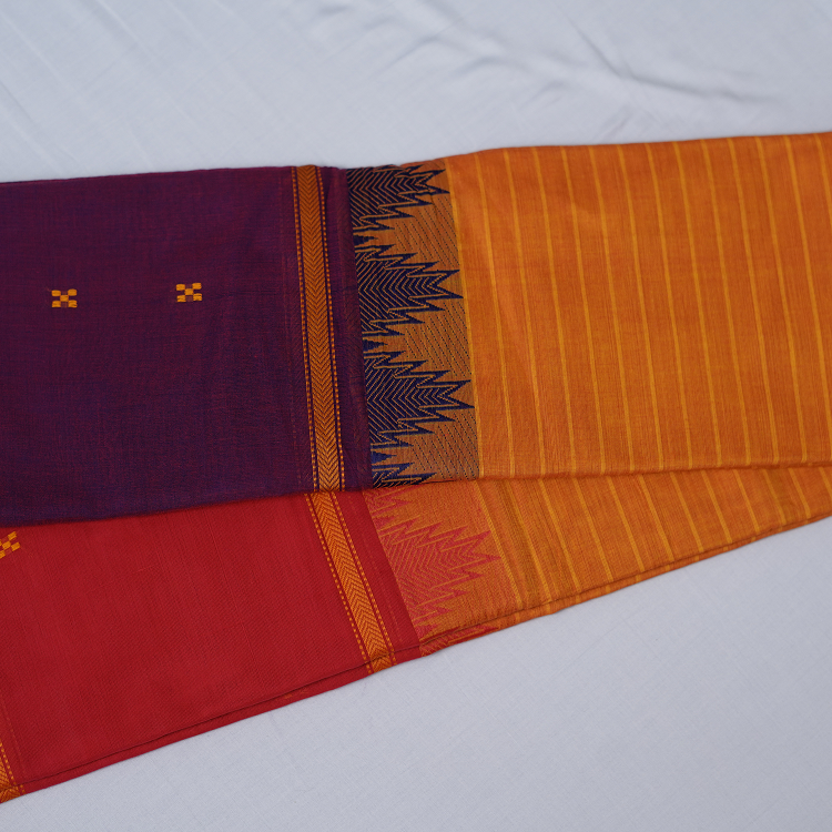 Kanchi Cotton saree- Orange with violet and Brick rani pink temple border-ganga jamuna border