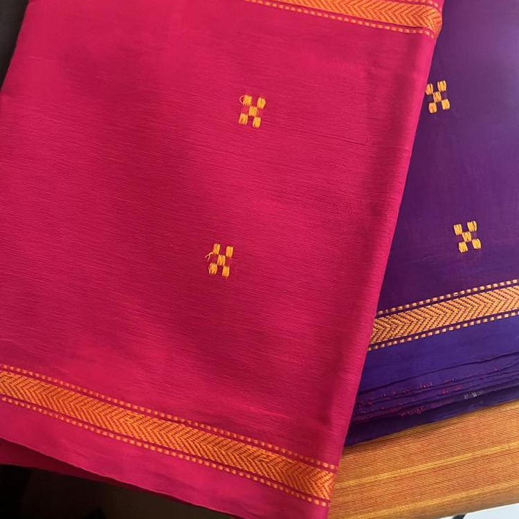 Kanchi Cotton saree- Orange with violet and Brick rani pink temple border-ganga jamuna border