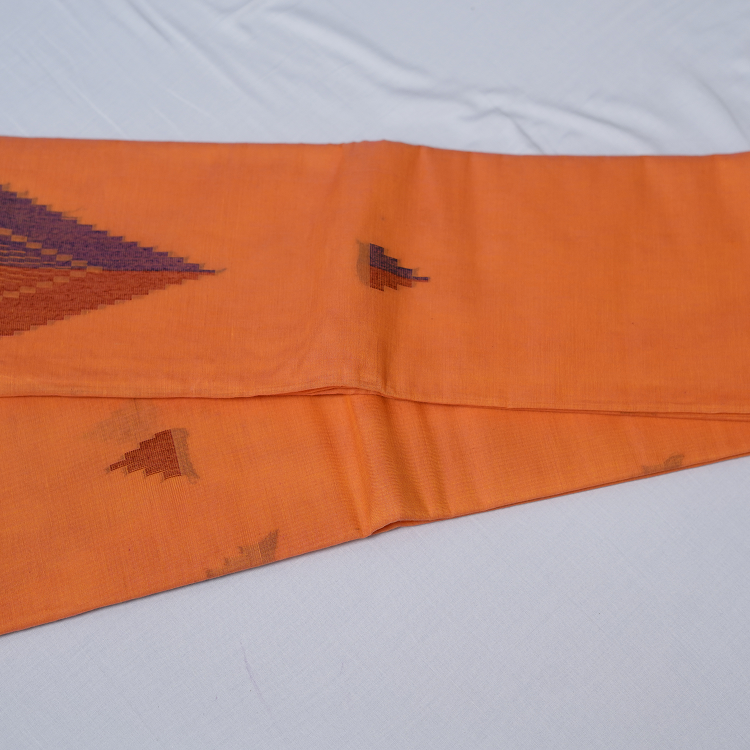 Kanchi cotton saree-handweaved-Light orange with big temple weaved with tread